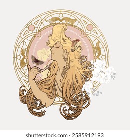 Art Nouveau illustration of a woman with flowing hair, ornate circular background, and butterflies. Elegant, vintage, and decorative design elements. Vintage art illustration, vector.