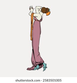 Art Nouveau illustration of a woman in a long purple dress, wearing blue shoes, with an elegant pose. The woman is styled in a vintage, artistic manner. Vintage woman illustration isolated, vector.