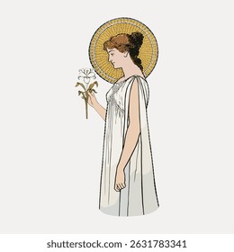 Art Nouveau illustration of a woman in a white dress holding lilies, featuring a halo. The woman is depicted in a classical, serene pose, emphasizing elegance. Vintage character vector.