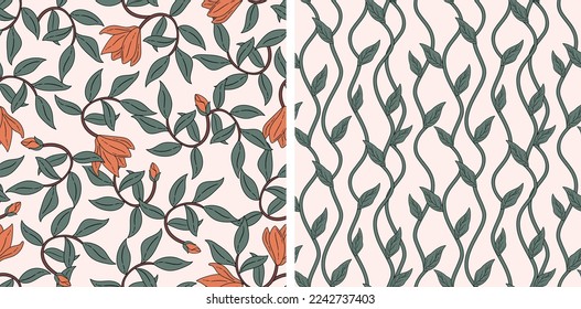 Art nouveau inspired botanical seamless pattern set of 2 with flower and leaf elements. Boho retro background pattern for fabric, wrapping paper, wallpaper etc.