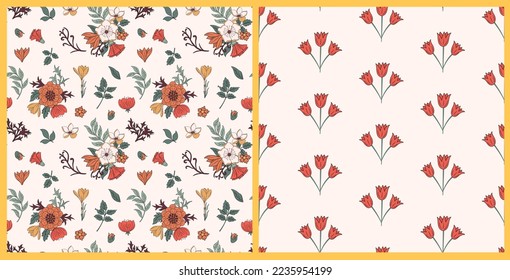 El estilo Art Nouveau está inspirado en un conjunto de 2 estilos florales impecables. paleta de colores de wam retro de los años 70. Perfecto para impresión textil, papel de envoltura, papel tapizado, etc. 