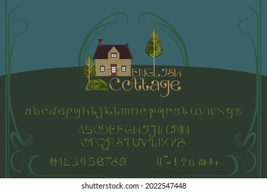 Art Nouveau inspired typeface decorated with English cottage home and whiplash styled vines. This art movement took different names on each country such as Arte nova in Portugal, Jugendstil in Germany