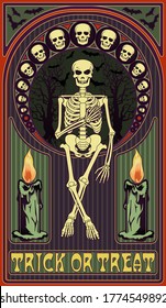 Art nouveau invitation card with skeleton, vector illustration