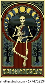 Art nouveau invitation card with skeleton and coffin, vector illustration