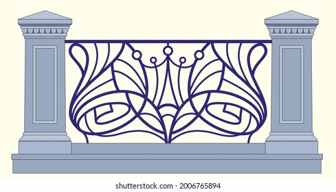 Art Nouveau Iron Railing With Stone Pillars. Vector Template. Urban Design. Decor. Vintage. Luxury Modern Architecture. Balcony. Terrace. Palace. City. Wrought . Handrails. Blacksmith. Isolated.
