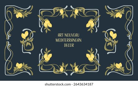 Art Nouveau Mediterranean decorative set with lemons. Vector.