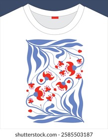 Art nouveau mirrored floral red blue colors graphic t shirt print design.