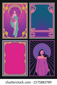 Art Nouveau Modern Psychedelic Colors Woman Posters. 1920s Style Decorative Frames Backgrounds Set