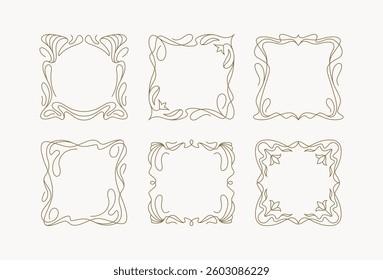 Art Nouveau modern style square floral frames set. Elegant linear decorative design element in vector.