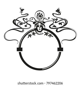 Art nouveau ornament template with flowers and face. Graceful figure vintage drawing black on white paper for modern gift card, postcard, certificate, rewarding print materials. Vector illustration.