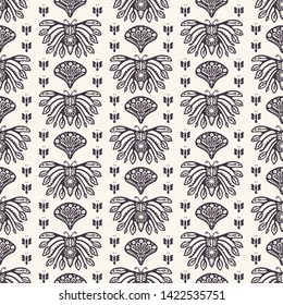 Art Nouveau ornamental butterfly motif Jugendstil style. Vector seamless pattern. Arabesque damask textile swatch. Decorative arts crafts folk art home decor. Modernist monochrome bug all over print. 
