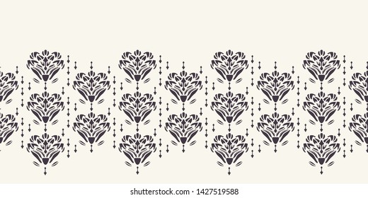 Art Nouveau ornamental flower motif border. Jugendstil style ribbon trim. Retro floral damask textile tape. Decorative arts crafts folksy home decor. Modernist trendy monochrome. Vector seamless edge