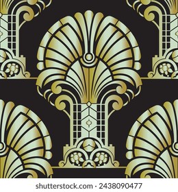 Art nouveau ornamental gold arch Seamless floral pattern for fabric, wallpapers, cards, prints. Vector luxury background in golden black colors. Nouveau ornaments with vintage flowers, leaves.