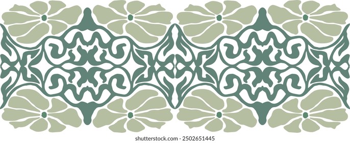 Art Nouveau pattern. Groovy Floral seamless border in Matisse vibes. Trendy Naive Floral Vector Background in 1970s. Can be used for Print on fabric, wrapping paper, wallpaper.	