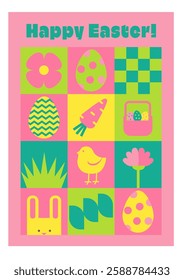 Art Nouveau poster, Easter. Happy Easter vector illustration in bauhaus style.