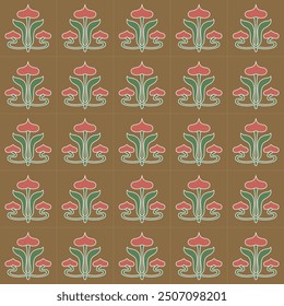 art nouveau, red heart flower, majolica tiles, vintage pattern, decorative seamless background