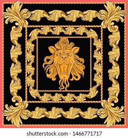 Art nouveau scarf with a lion. Golden illustration on a black background. Art Nouveau style.