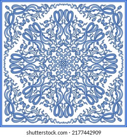 Art Nouveau scrolls with tulip flowers, Blue floral border frieze and rosette on a white background. Scarf, bandana print, square pocket range, carpet