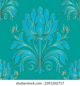 Art nouveau Seamless floral ornamental 3d pattern for fabric, wallpapers, cards, prints. Vector luxury background in blue turquoise gold colors. Nouveau endless ornaments with vintage flowers, leaves.