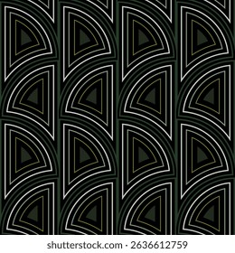 Art nouveau seamless pattern in colors of earth. Design of dark nature shades of green gray colors. Vertical rows of tiles. Geometric ornament of rounded arched elements. Dark classic modern design.