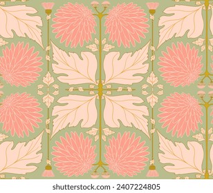 Art Nouveau seamless pattern design. Sophisticated floral art nouveau style pattern with pink blooming flowers.