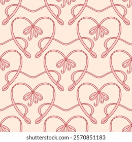 Art nouveau seamless pattern of intertwined hearts with delicate bows, perfect for Valentine's Day or bridal backgrounds. Romantic fabric or gift wrap design. Endless pastel pink background