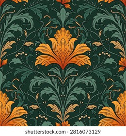 Art Nouveau Seamless Pattern With Vintage Iris Flowers And Antique Baroque Ornamental Leaves Vector