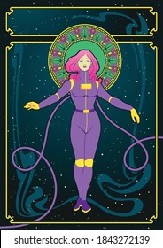 Art Nouveau Space, Woman Astronaut, Retro Style Frame, Outer Space Background 