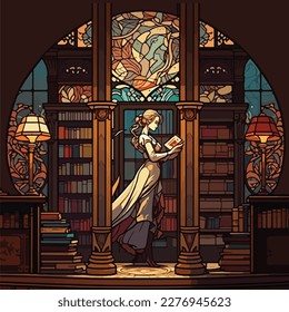 Art nouveau stained glass window of a woman reading book in a library.