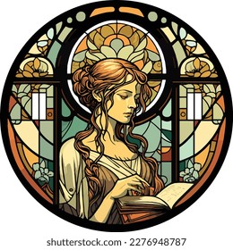 Art nouveau stained glass window of a woman reading book, round frame, floral motif.