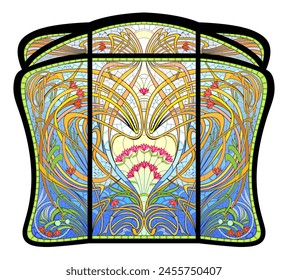 Art Nouveau stained glass window with fantasy floral motives. Template for design, wallpaper, background, decoration. Architecture in Western Europe. Vector drawing. Art deco architecture style.