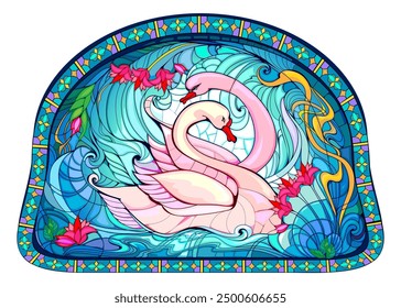 Art Nouveau stained glass window with couple beautiful swans in love. Template for design, wallpaper, background, decoration. Western European architecture. Vector drawing. Art deco architecture style