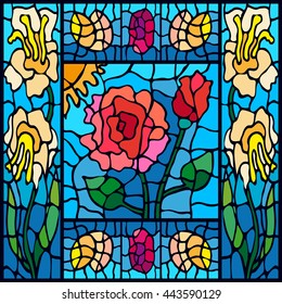 Art Nouveau stained glass window. Colorful floral pattern with roses, tulips and narcissus.
	
