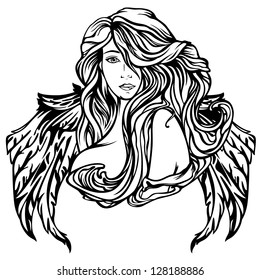 Art Nouveau style angel vector illustration - black and white winged woman outline