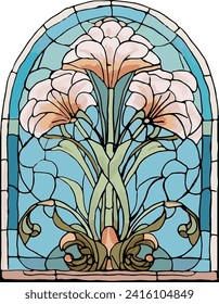 Jugendstil-gewölbte Buntglasfenster mit Baumrosa Lilien auf blauem und grünem Hintergrund.