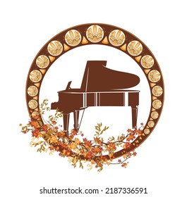 art nouveau style autumn season decorative vector frame with grand piano musical instrument among falling leaves and tree branches