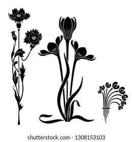 Art Nouveau style decorative elements. Black stylized flowers. Stencils.