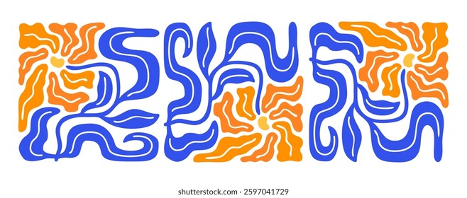 Art Nouveau style design border. Abstract simple blue orange colorful flower and leaf horizontal composition. Naive drawing EPS 10 vector background modern art illustration.