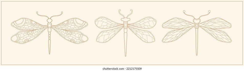 Art Nouveau estilo dragonfly insecto básico. 1920-1930 años de diseño vintage. Diseño de motivos de símbolo. Ilustración vectorial.