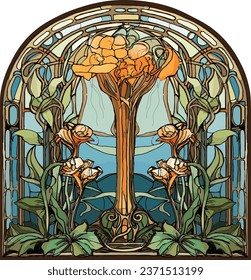 Blumenfenster im Jugendstil, orange-gelbe Blumen