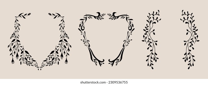 Art Nouveau style flower frame decoration. Classic vintage botanical wreath, border, branch, garland graphic design element. Isolated vector illustration. 