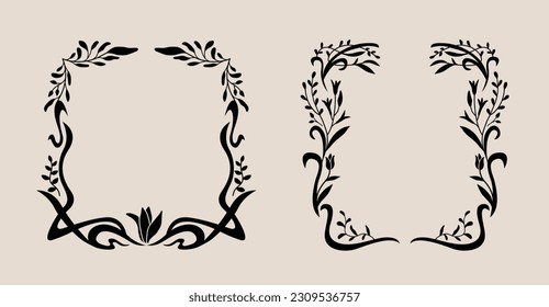 Art Nouveau style flower frame decoration. Classic vintage botanical wreath, border, branch, garland graphic design element. Isolated vector illustration. 
