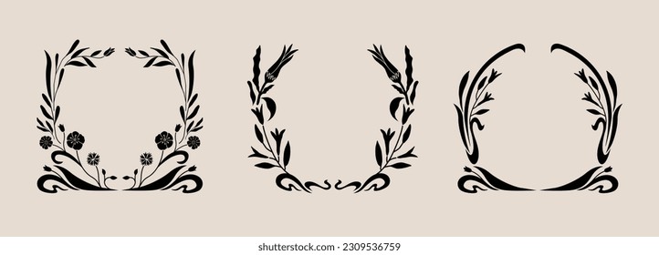 Art Nouveau style flower frame decoration. Classic vintage botanical wreath, border, branch, garland graphic design element. Isolated vector illustration. 