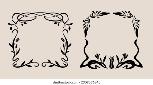 Art Nouveau style flower frame decoration. Classic vintage botanical wreath, border, branch, garland graphic design element. Isolated vector illustration. 