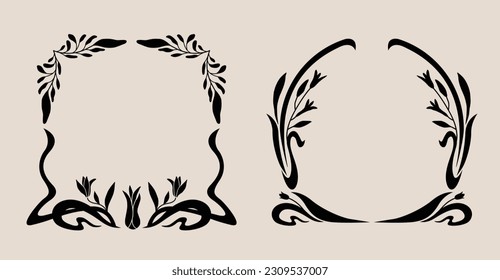 Art Nouveau style flower frame decoration. Classic vintage botanical wreath, border, branch, garland graphic design element. Isolated vector illustration. 