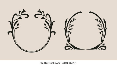 Art nouveau style flower frame. Flower and leaf border, branch, wreath, garland decoration. Botanical vector illustration. Vintage antique classic floral graphic element.