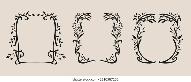 Art nouveau style flower frame. Flower and leaf border, branch, wreath, garland decoration. Botanical vector illustration. Vintage antique classic floral graphic element.