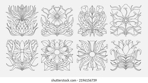 Art nouveau style flower plant stencil basic element. 1920-1930 years vintage design. Symbol motif design. Vector illustration.