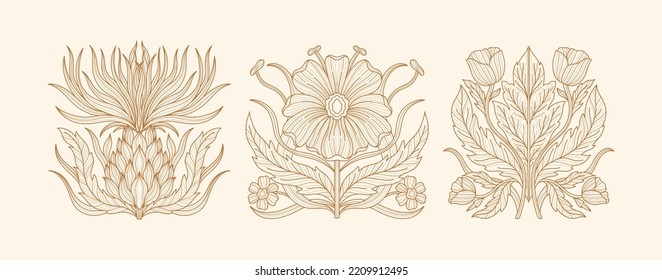 Art nouveau style flower plant basic element. 1920-1930 years vintage design. Symbol motif design. Vector illustration.