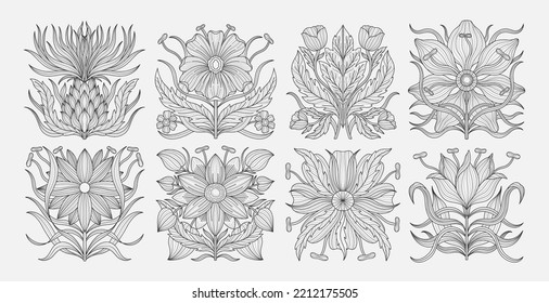 Art nouveau style flower plant basic element. 1920-1930 years vintage design. Symbol motif design. Vector illustration.